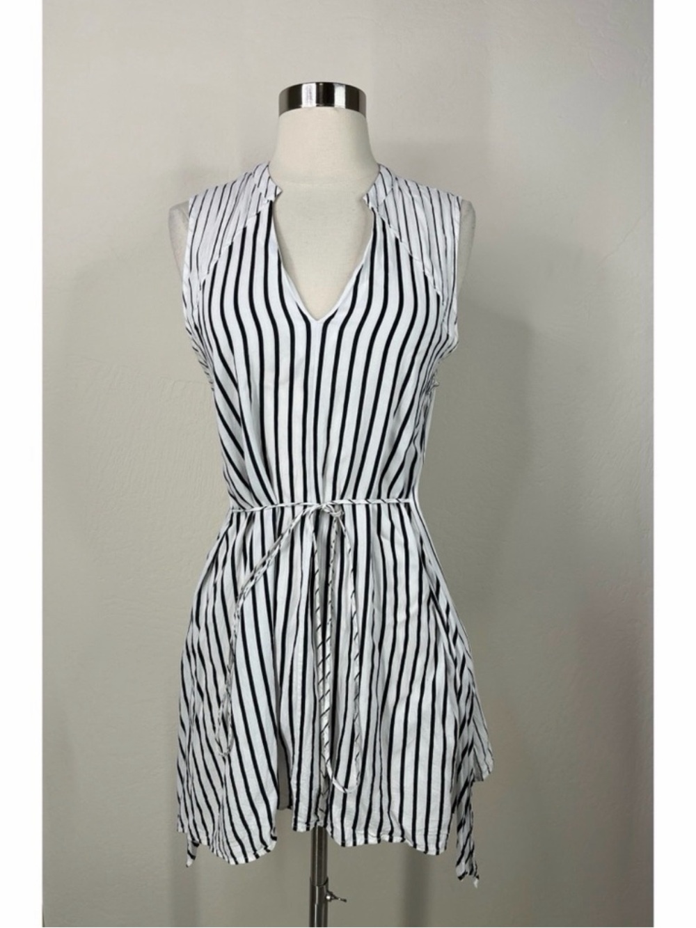 Anthropologie 1:11 Thypo Sleeveless Black & White Striped Waist-Tie Dress